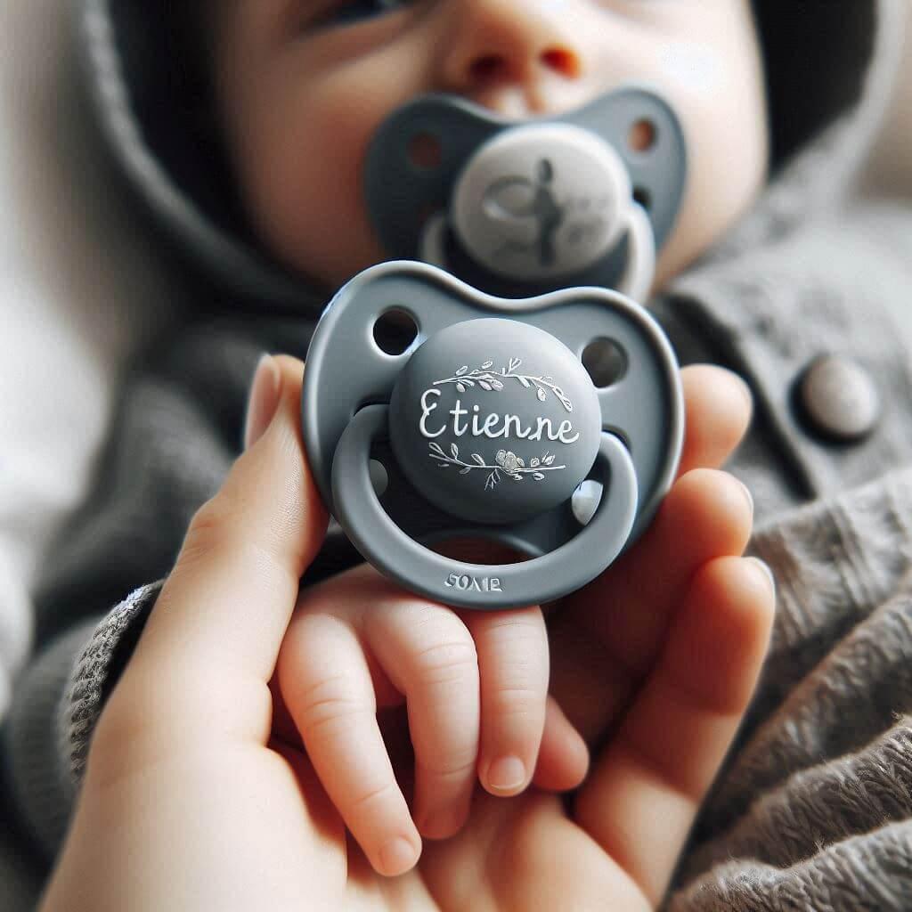 Une sucette grise pour bebe avec le prenom etienne