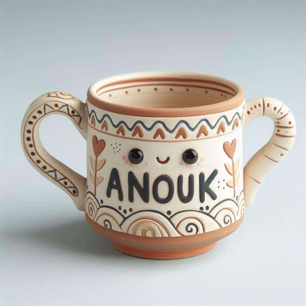 Une tasse artisanale pour enfant avec le prenom anouk style poterie