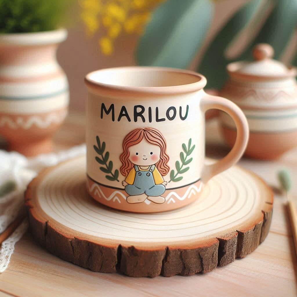 Une tasse artisanale pour enfant avec le prenom marilou style poterie