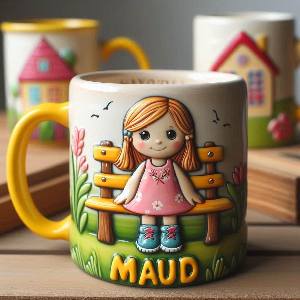 Une tasse originale pour enfant avec le prenom maud style poterie
