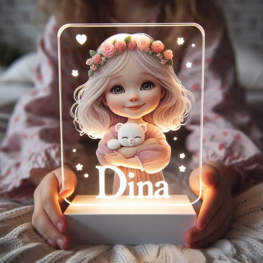 Une veilleuse acrylique avec le prenom dina tenue par un petite fille 2