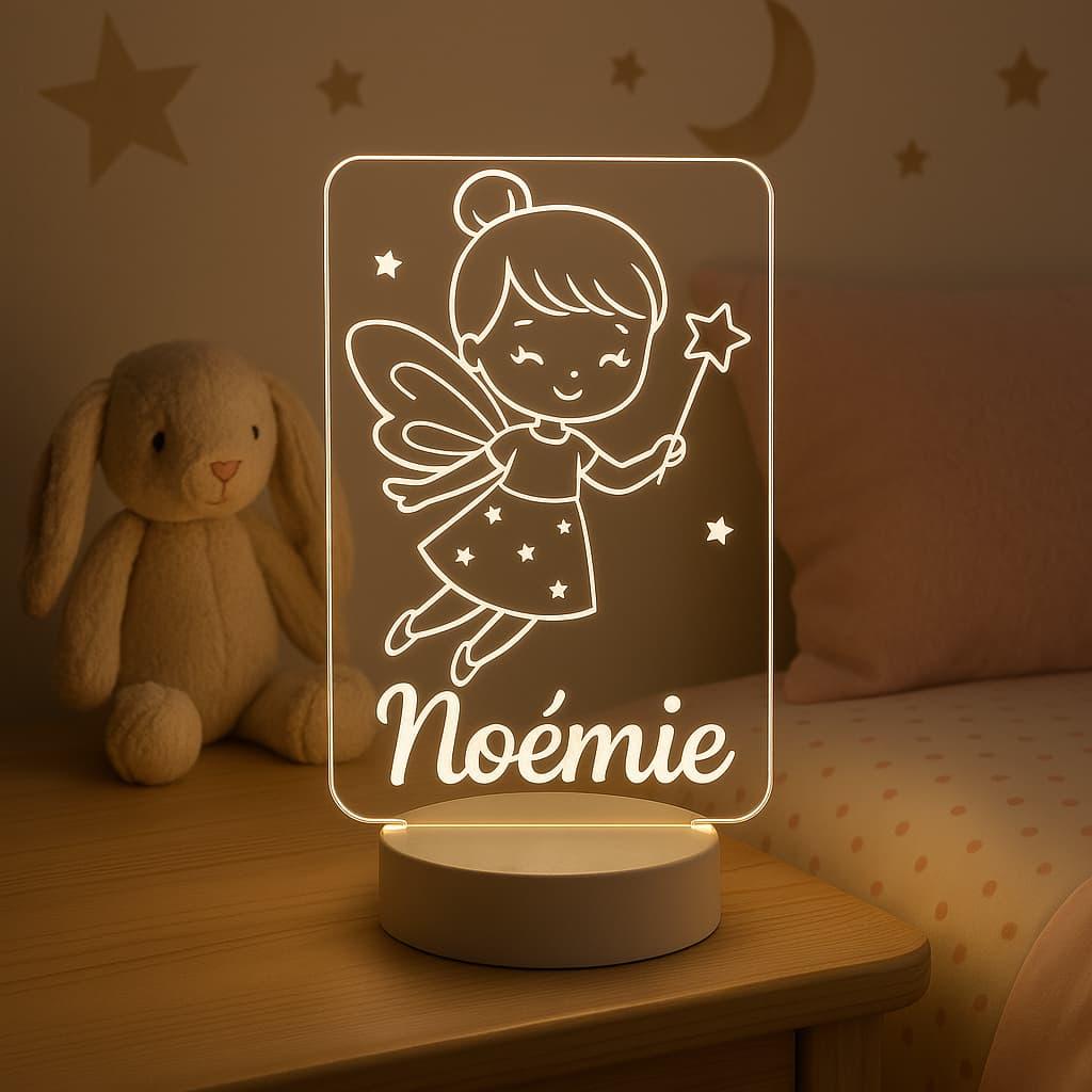 Une veilleuse acrylique avec le prenom noemie dans la chambre d une petite fille