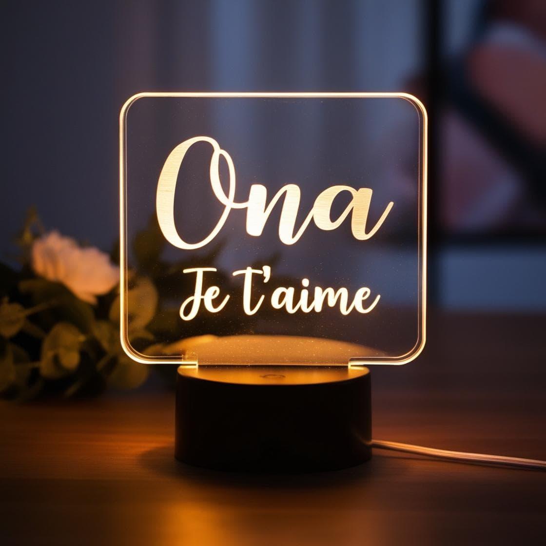 Une veilleuse acrylique avec le prenom ona et ecrit je t aime