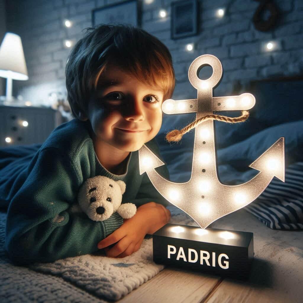 Une veilleuse ancre avec le prenom padrig