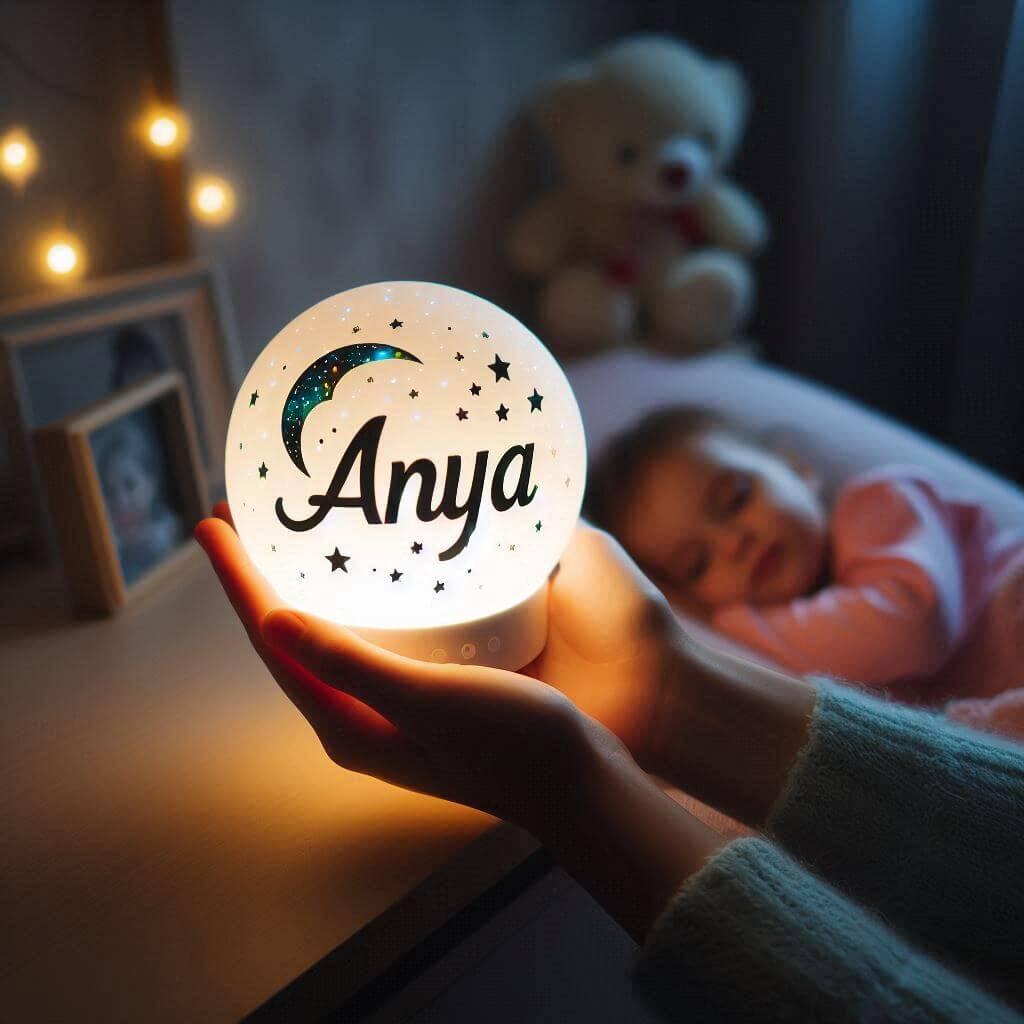 Une veilleuse avec le prenom anya tenu par une petite fille