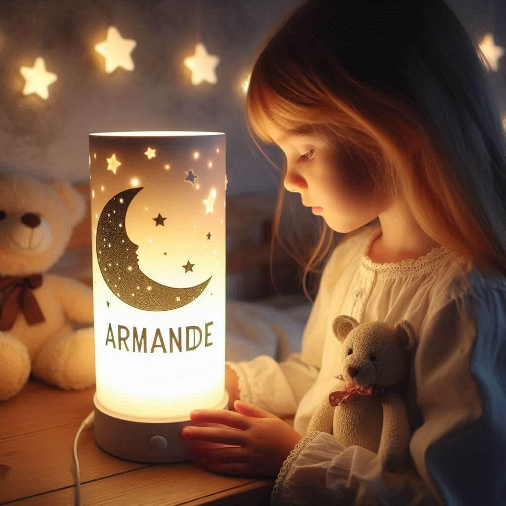 Une veilleuse avec le prenom armande tenu par un petit fille