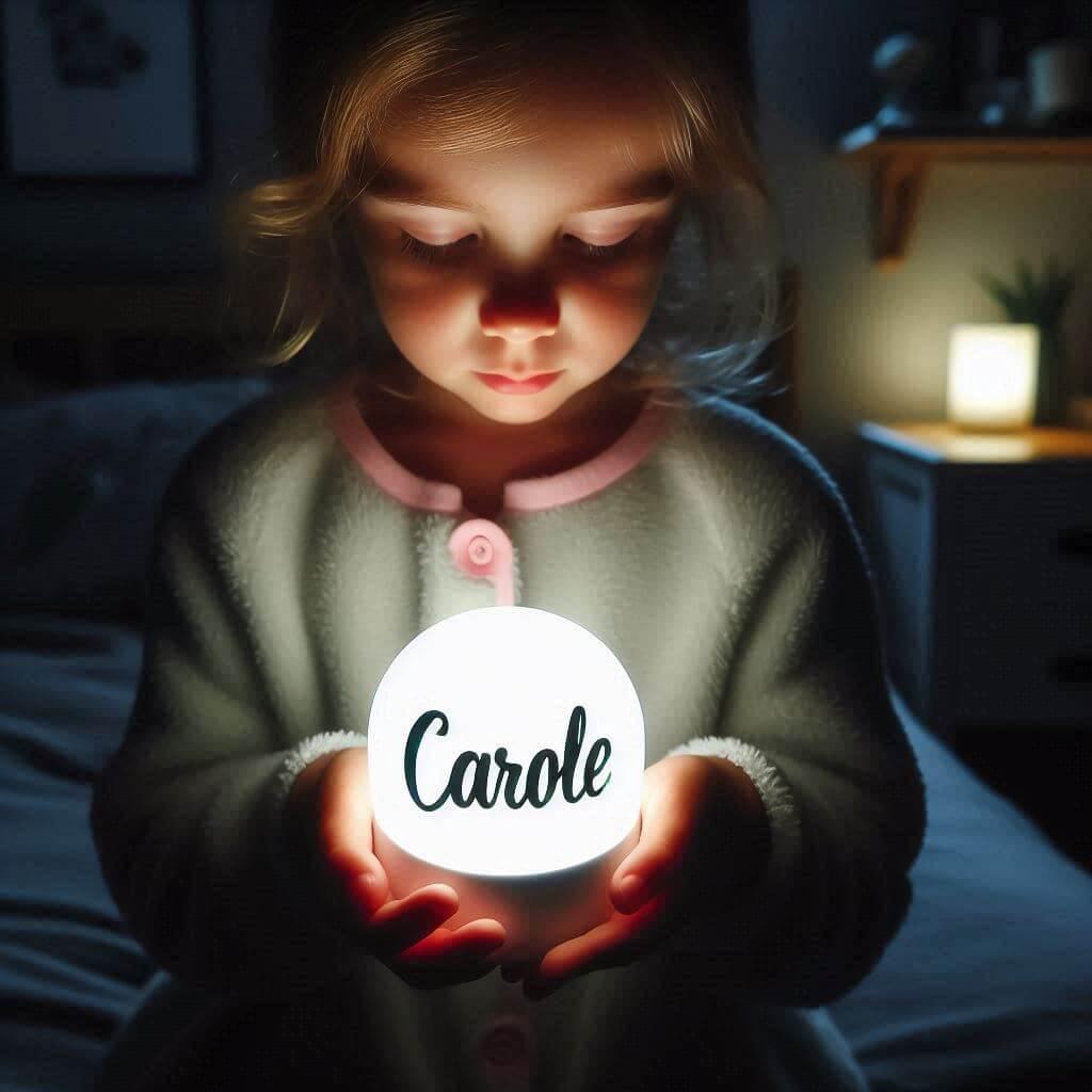 Une veilleuse avec le prenom carole tenu par un petite fille dans sa chambre
