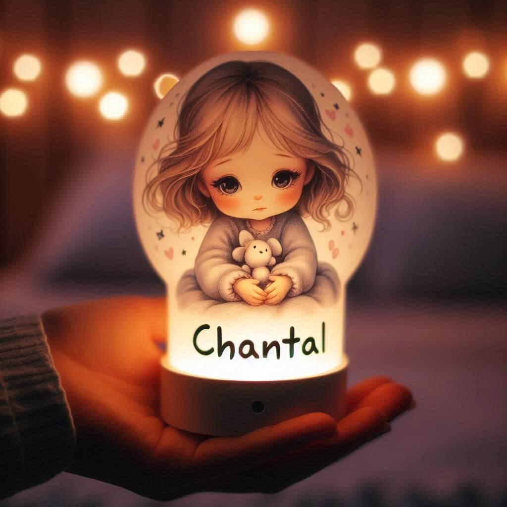 Une veilleuse avec le prenom chantal tenu par un petite fille dans sa chambre 1 1