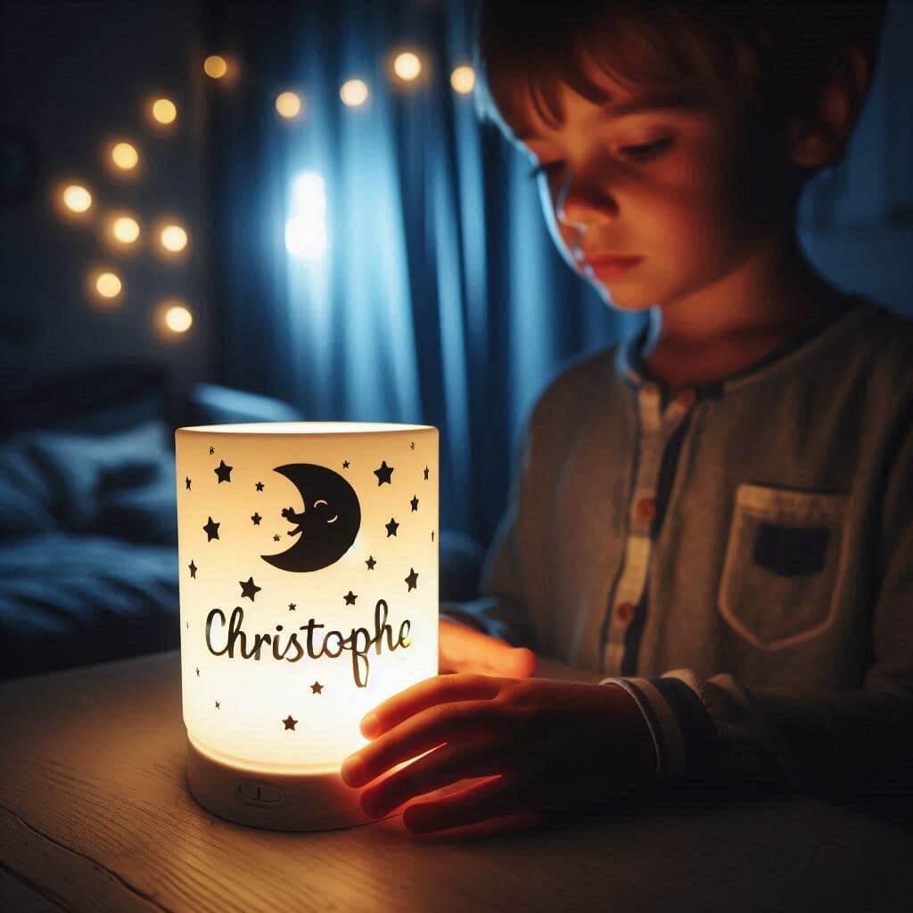 Une veilleuse avec le prenom christophe tenu par un petit garcon dans sa chambre 1