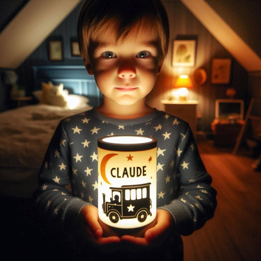 Une veilleuse avec le prenom claude tenu par un petit garcon dans sa chambre 1