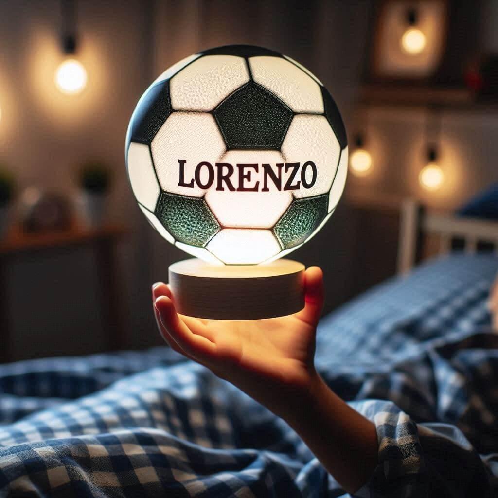 veilleuse thème foot avec prénom Lorenzo, tenue par un petit garçon