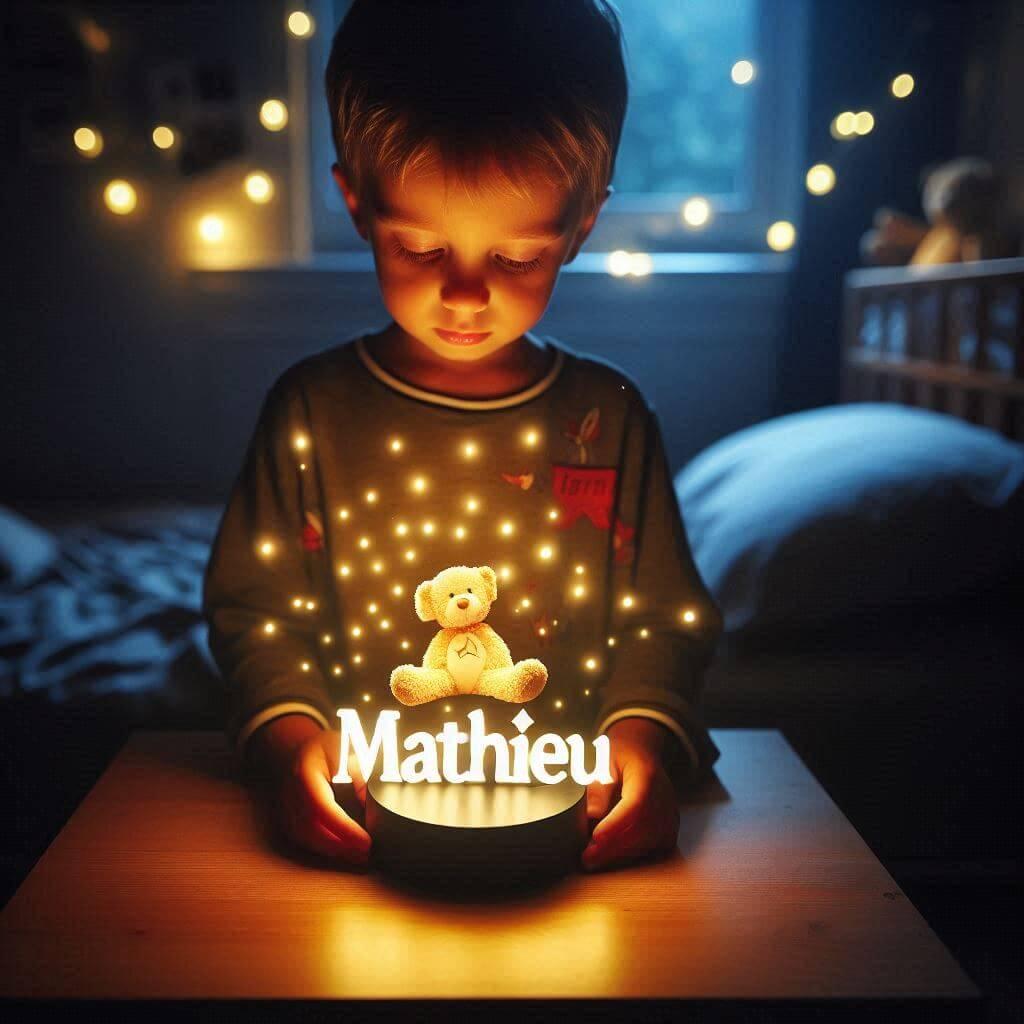 Une veilleuse avec le prenom mathieu tenu par un petit garcon