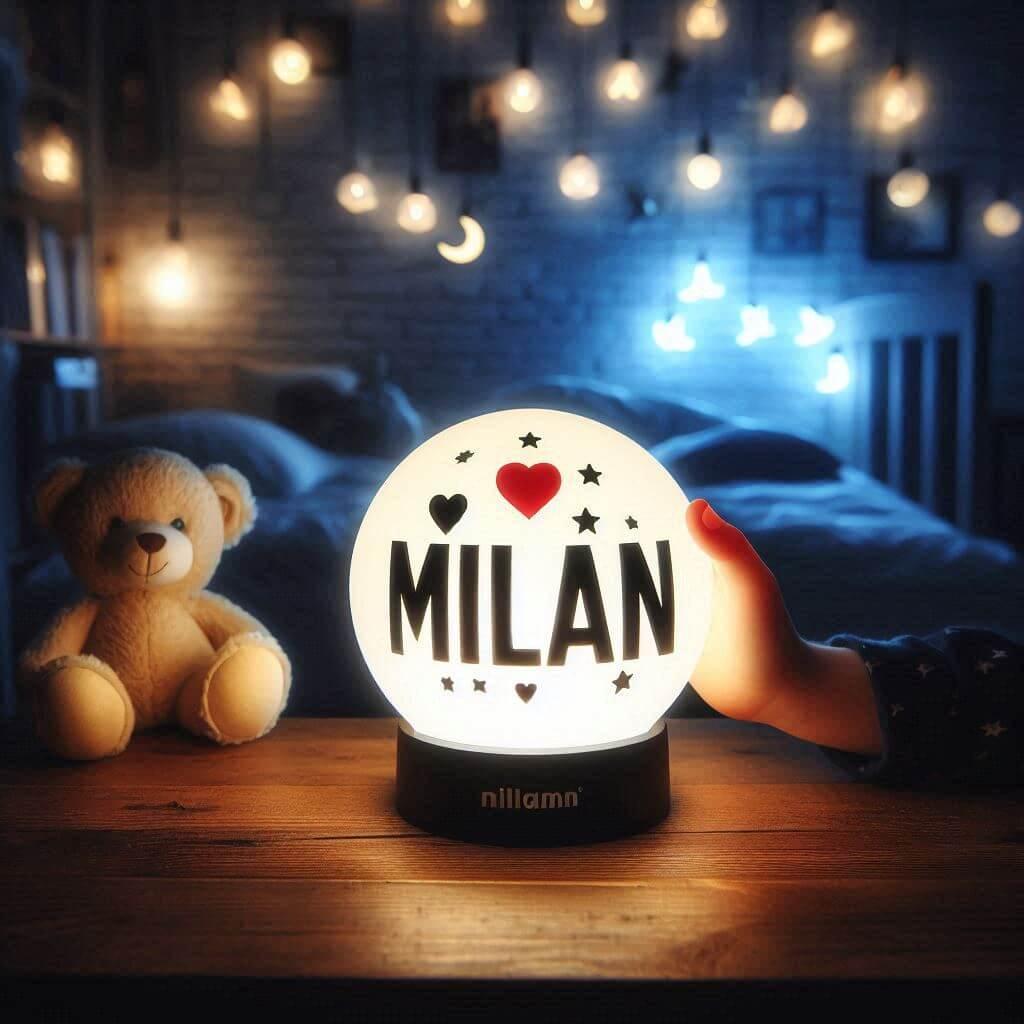 Une veilleuse avec le prenom milan tenu par un petit garcon