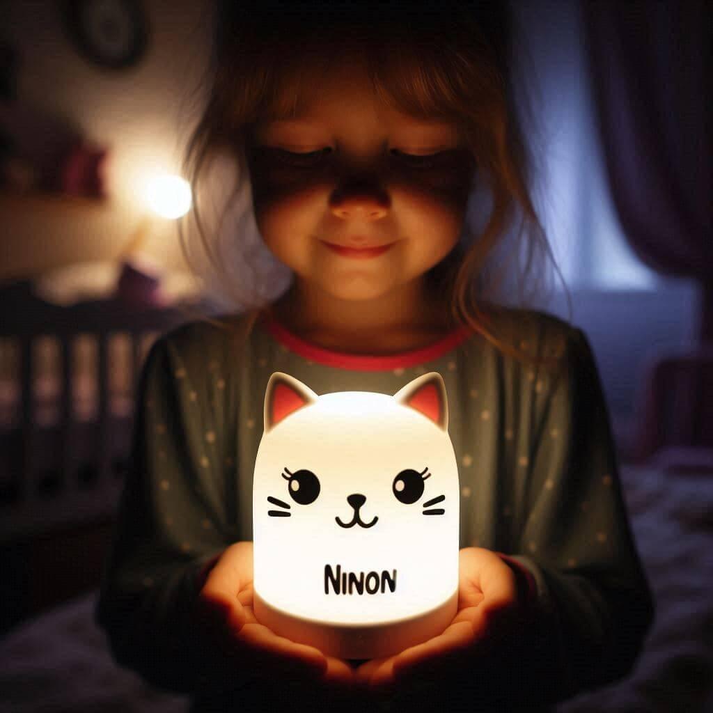 Une veilleuse avec le prenom ninon tenu par une petite fille