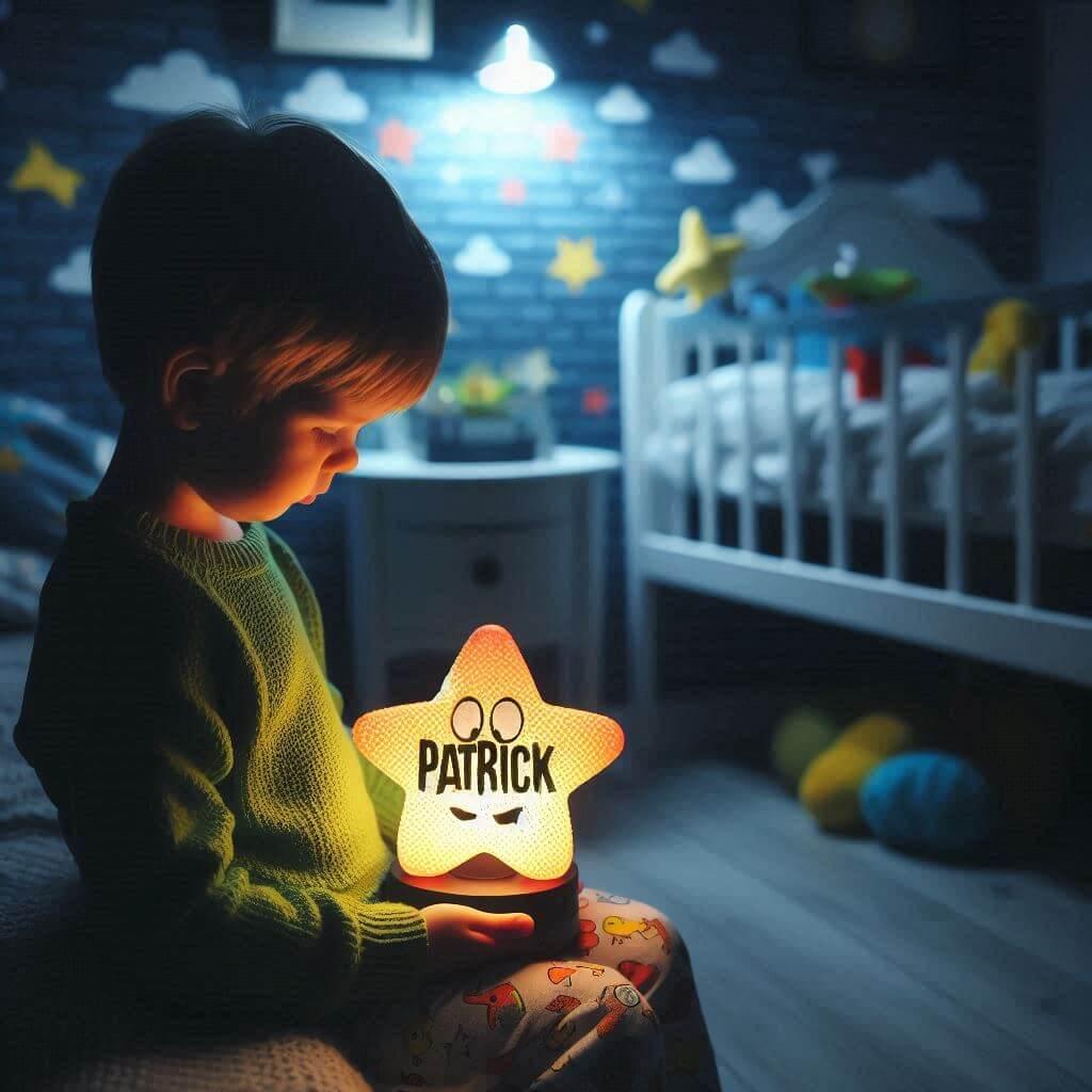 Une veilleuse avec le prenom patrick tenu par un petit garcon dans sa chambre 1
