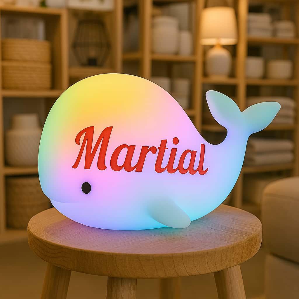 Une veilleuse colore en forme de baleine avec le prenom martial