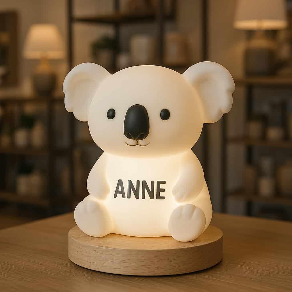 Une veilleuse en forme de koala personnalisee avec le prenom anne dans un magasin de deco