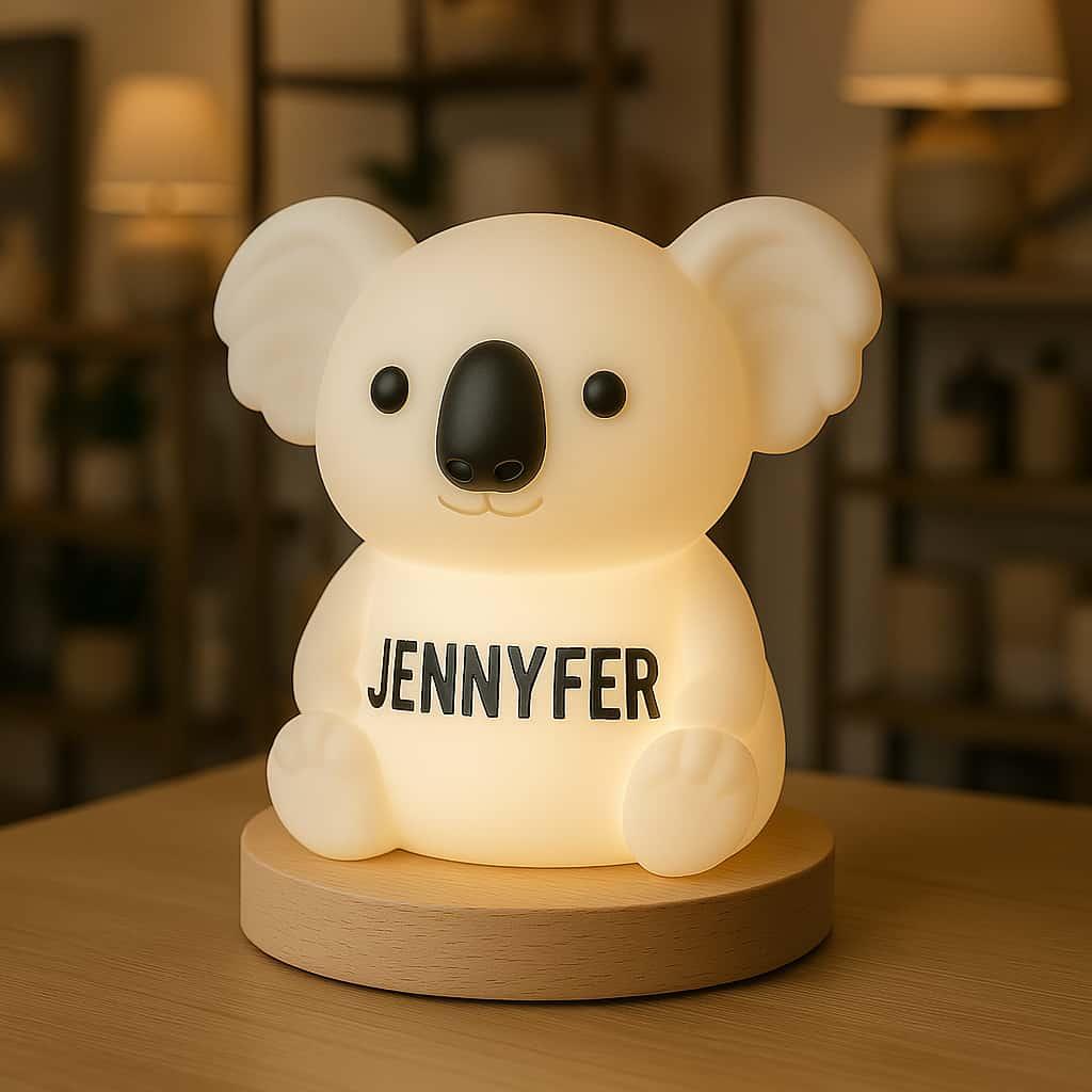 Une veilleuse en forme de koala personnalisee avec le prenom jennyfer dans un magasin de deco
