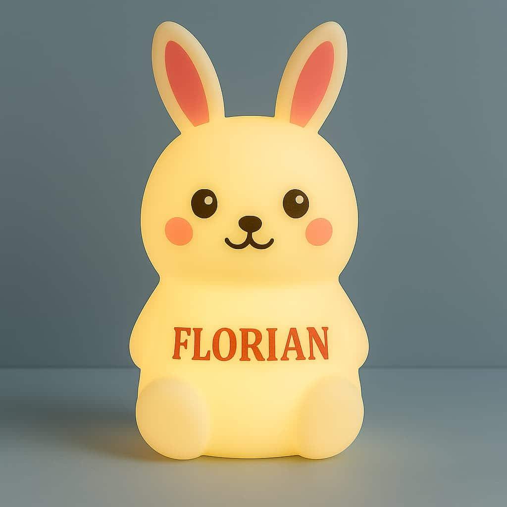 Une jolie veilleuse en forme de lapin avec le prenom florian coloree avec un fond bleu gris