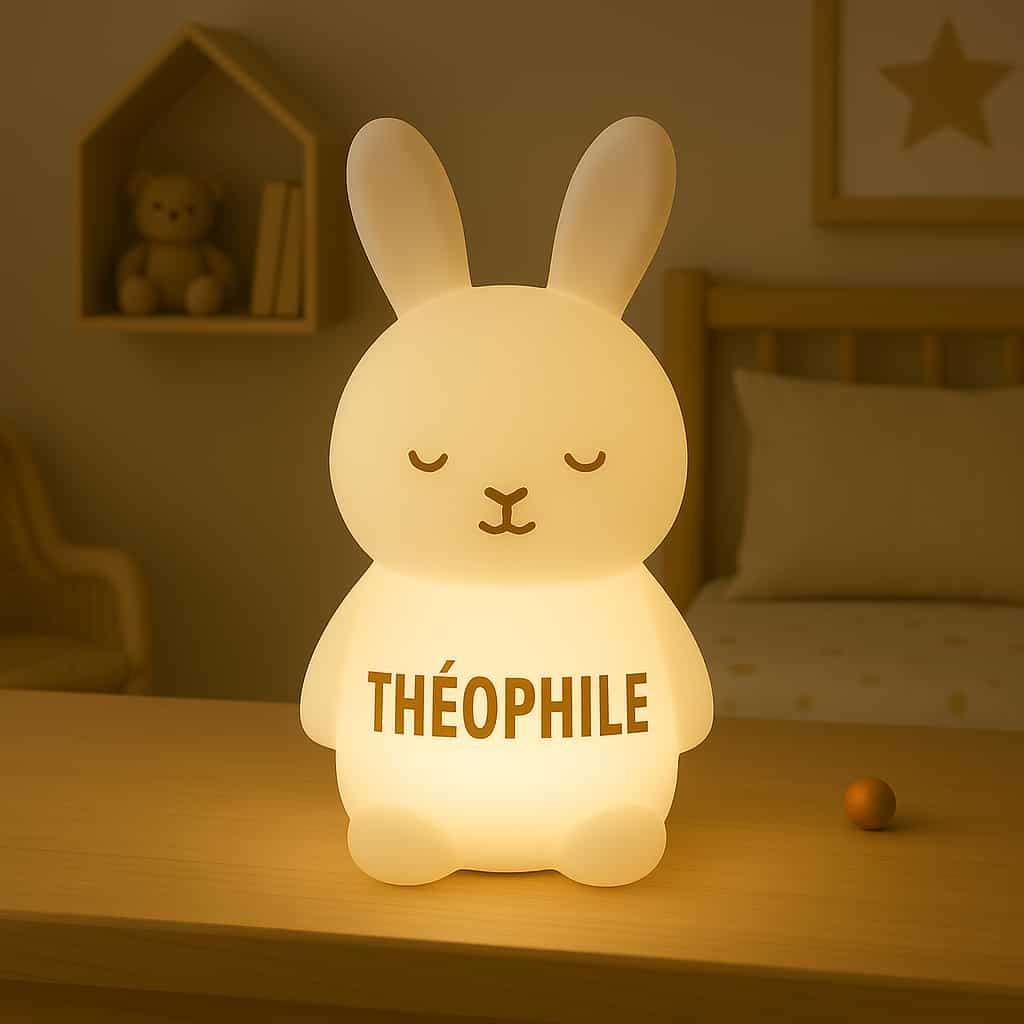 Une veilleuse lapin personnalisee avec le joli prenom theophile