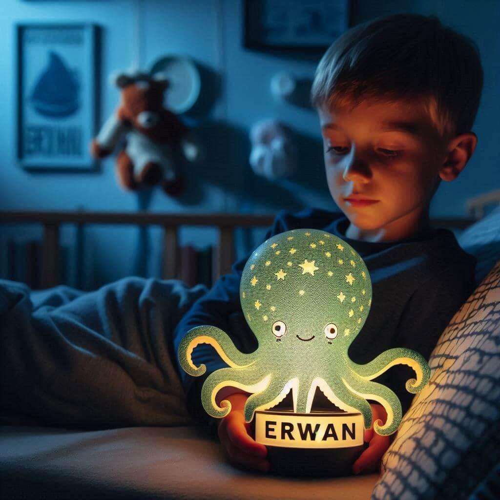 Une veilleuse poulpe avec le prenom erwan
