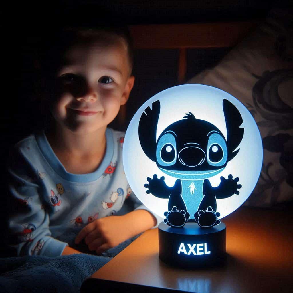 Une veilleuse theme stitch personnalisee avec le prenom axel