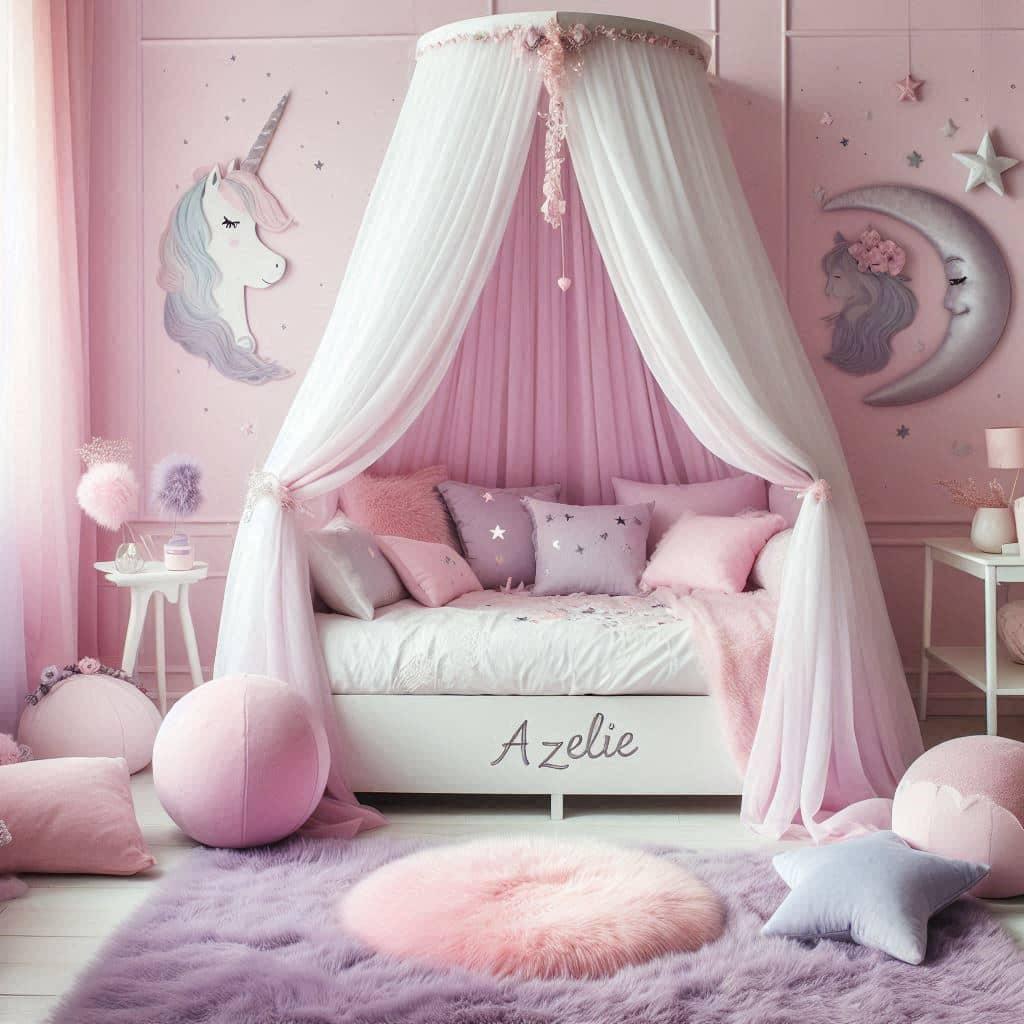 Univers pastel licorne chambre azelie avec lit cabane blanc ciel de lit rose poudre tapis en fausse fourrure lilas coussins etoiles et lune en rose pastel bleu ciel et lavande nom