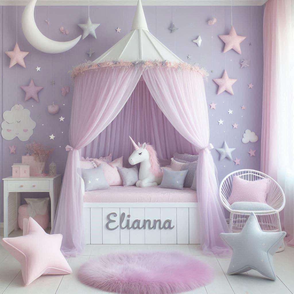 Univers pastel licorne chambre elianna avec lit cabane blanc ciel de lit rose poudre tapis en fausse fourrure lilas coussins etoiles et lune en rose pastel bleu ciel et lavande nom