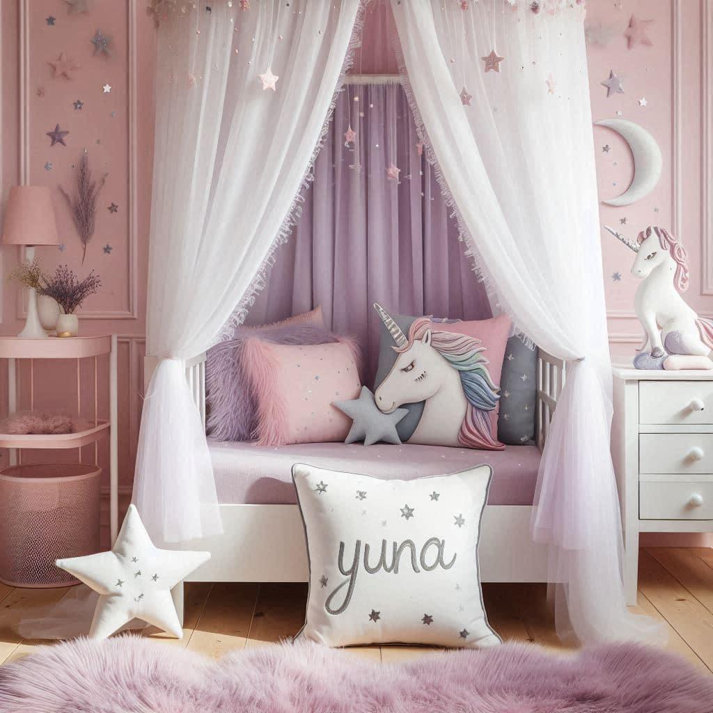 Univers pastel licorne chambre yuna avec lit cabane blanc ciel de lit rose poudre tapis en fausse fourrure lilas coussins etoiles et lune en rose pastel bleu ciel et lavande nom yu