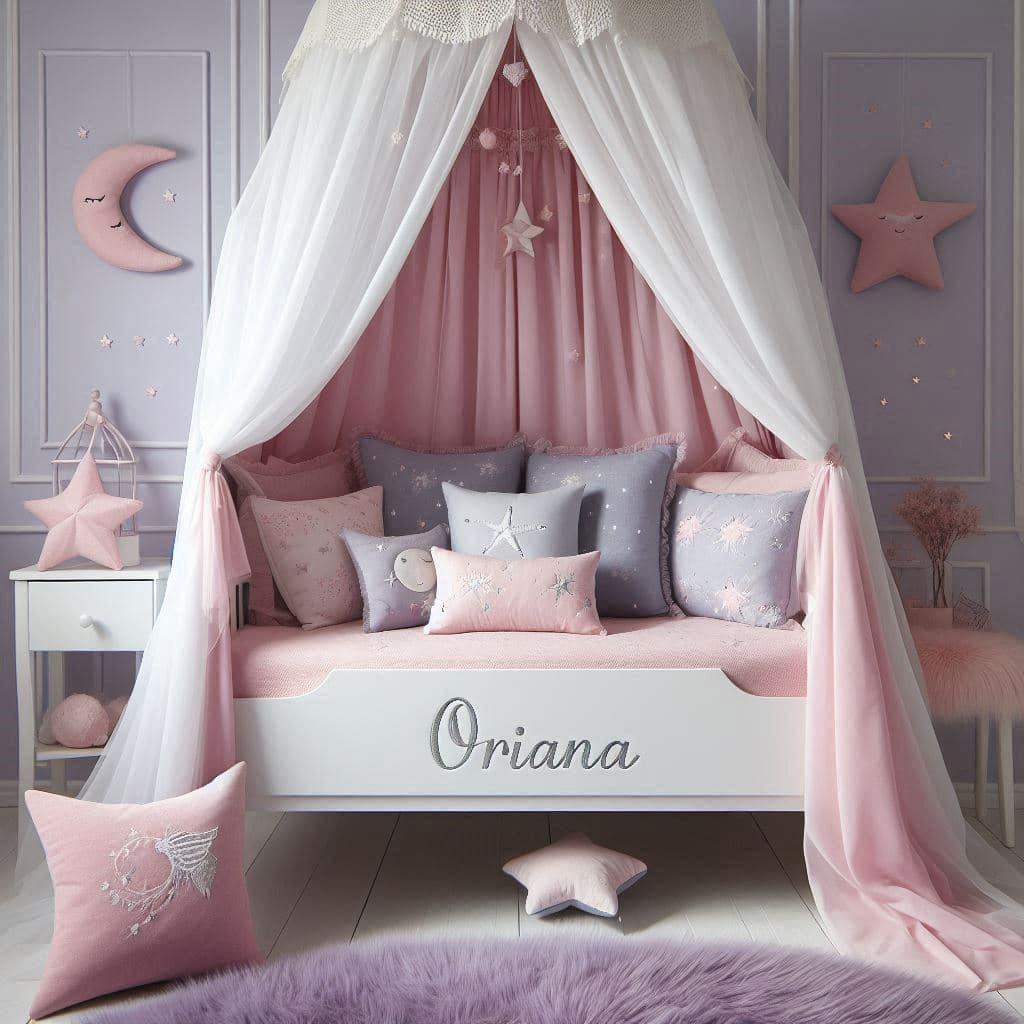 Univers pastel licorne chambre oriana avec lit cabane blanc ciel de lit rose poudre tapis en fausse fourrure lilas