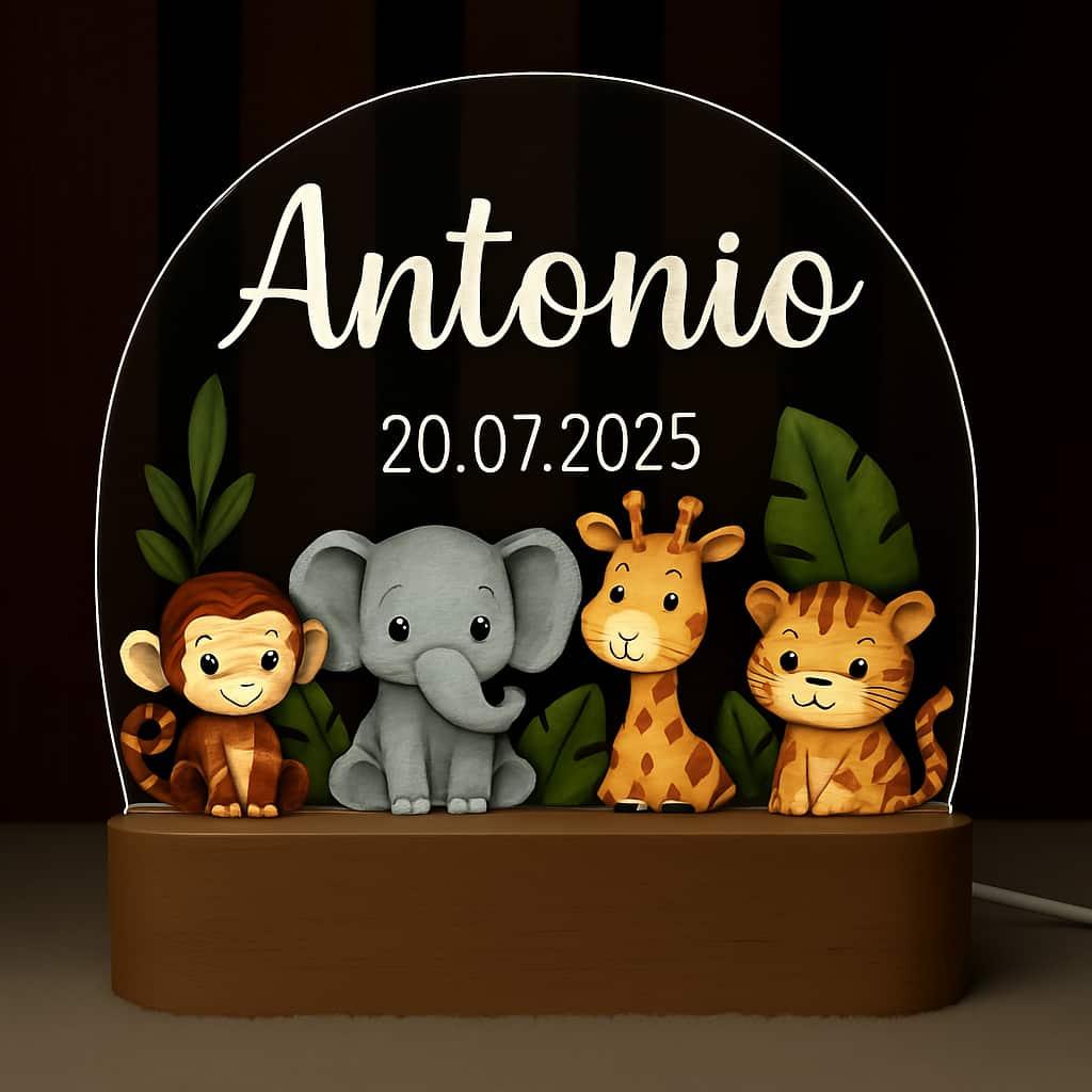 Veilleuse acrylique led personnalisee avec le prenom antonio theme jungle