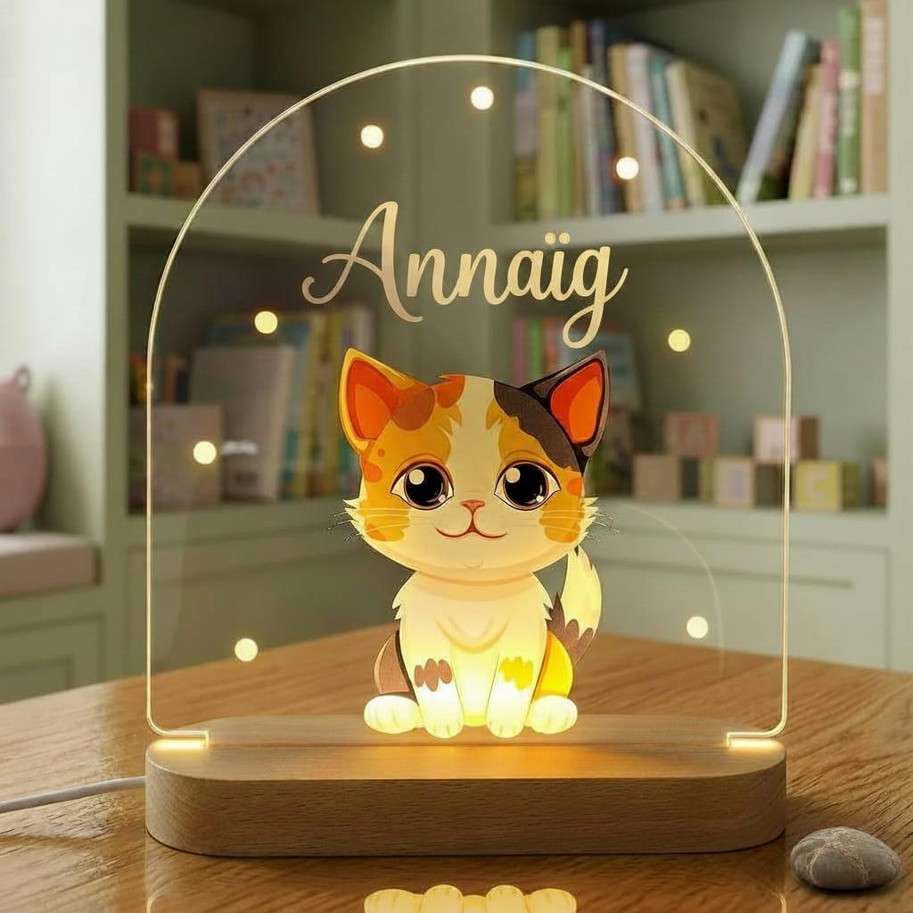 Lampe veilleuse acrylique motif chat personnalisée avec le prénom Annaïg