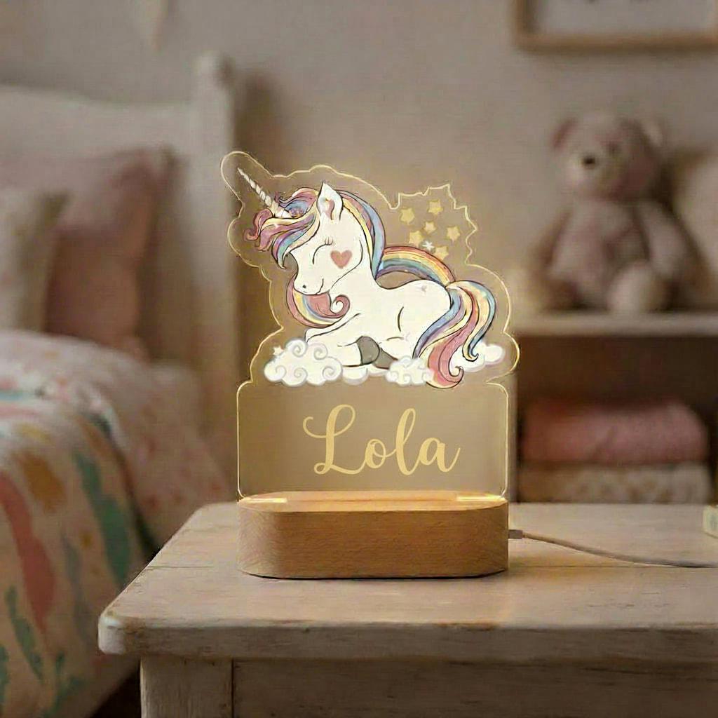 Veilleuse acrylique licorne personnalisée avec le prénom Lola