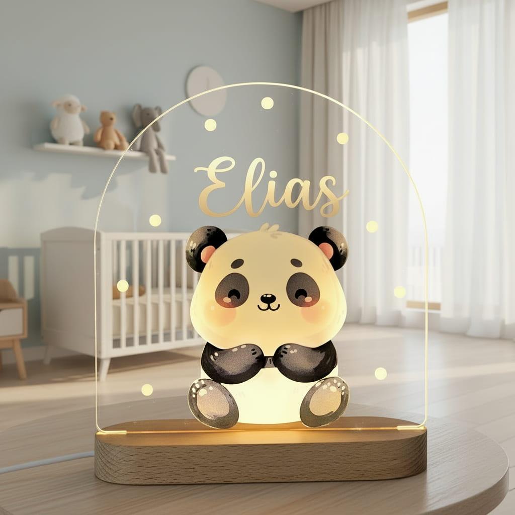 Veilleuse acrylique panda personnalisée avec le prénom Elias