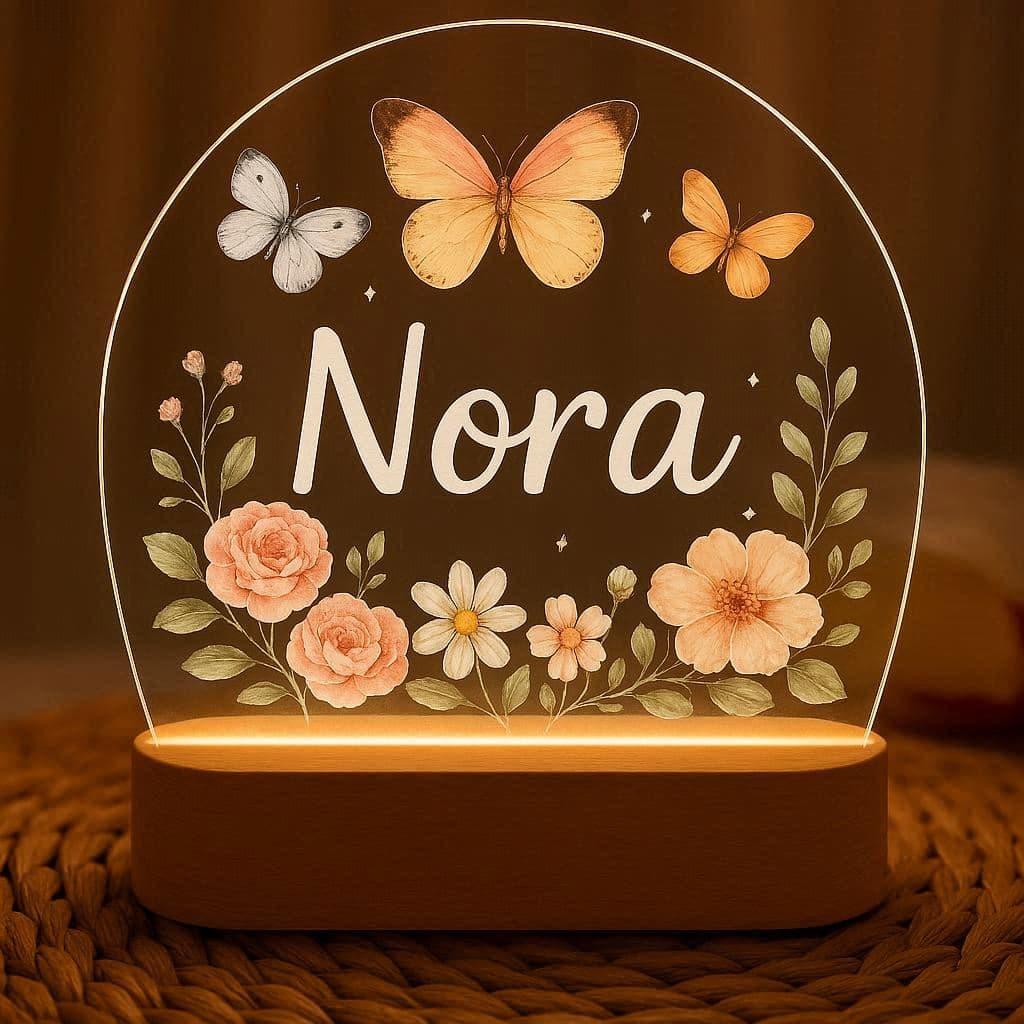 Veilleuse acrylique personnalisee avec le prenom nora theme fleurs et papillon cadeau utile pour enfant