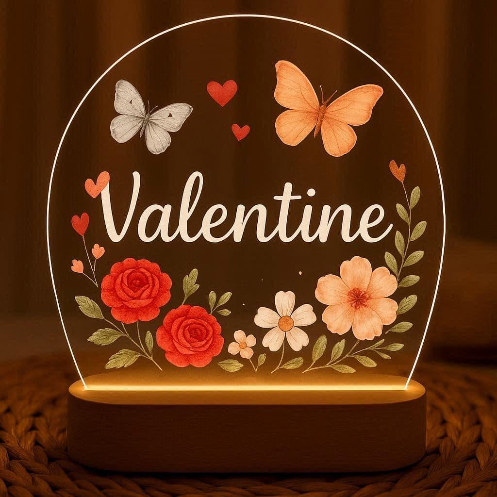 Veilleuse acrylique personnalisee avec le prenom valentine theme amour idee cadeau originale naissance