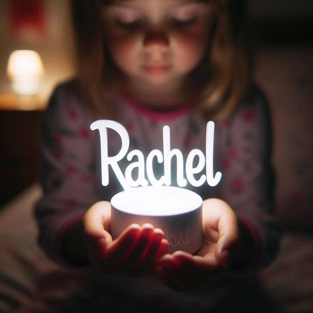 Veilleuse avec le prenom rachel tenu par une petite fille dans sa chambre