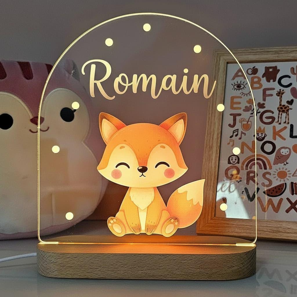 Veilleuse en acrylique avec renard lumineux et prénom Romain posée dans une chambre de bébé.
