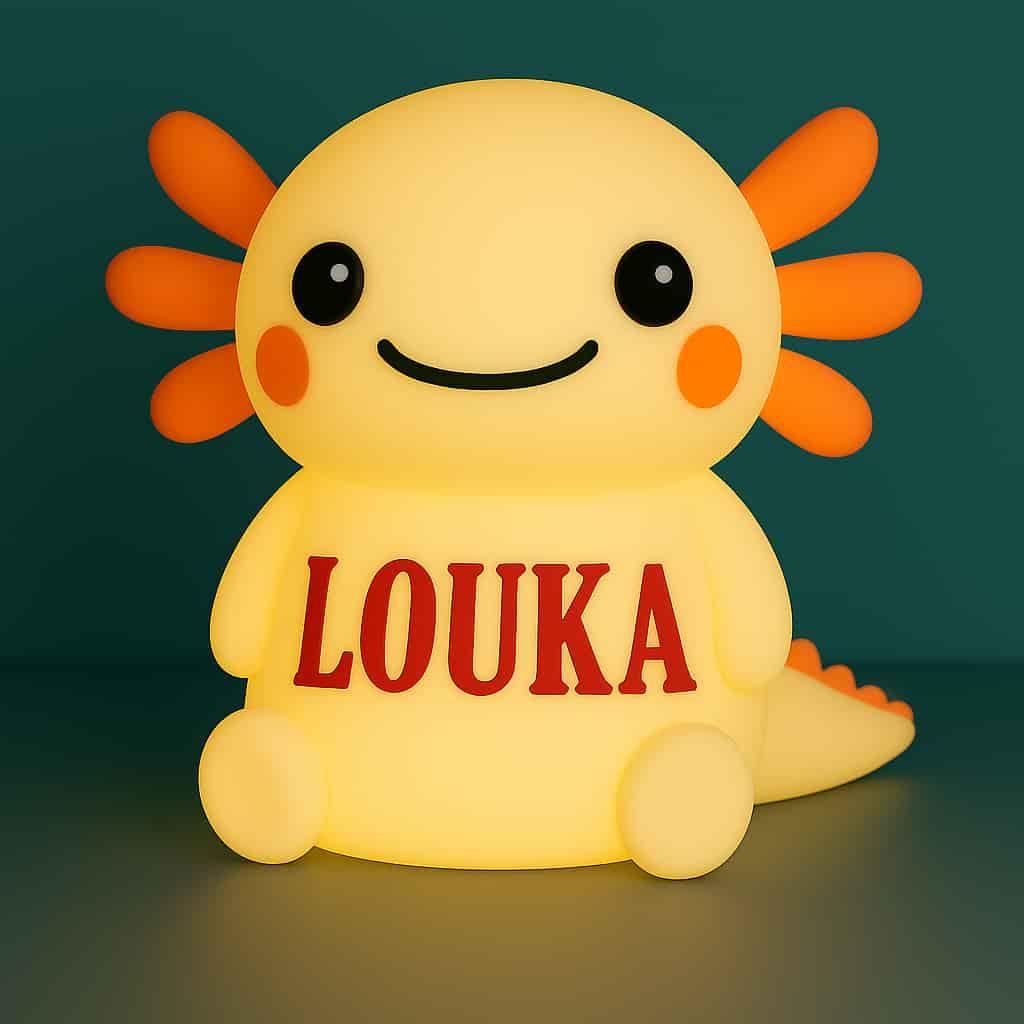 Veilleuse en forme axolotl personnalise avec le prenom louka