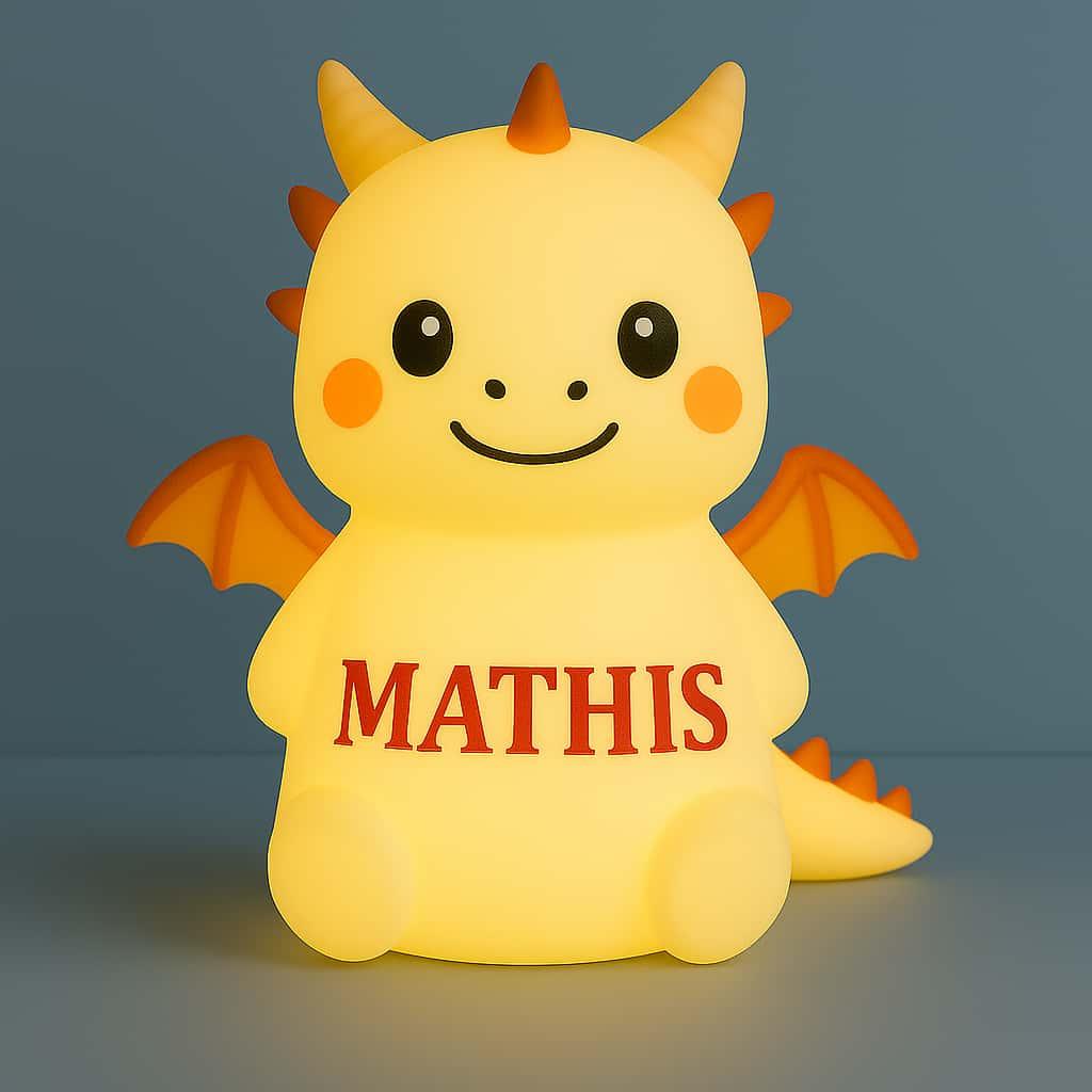 Veilleuse en forme de dragon mignon personnalise avec le prenom mathis