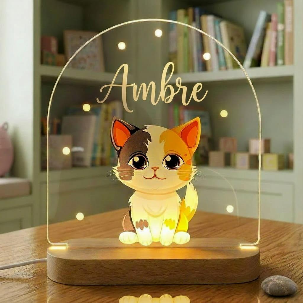 Veilleuse enfant theme chat personnalise avec le prenom ambre idee cadeau enfant