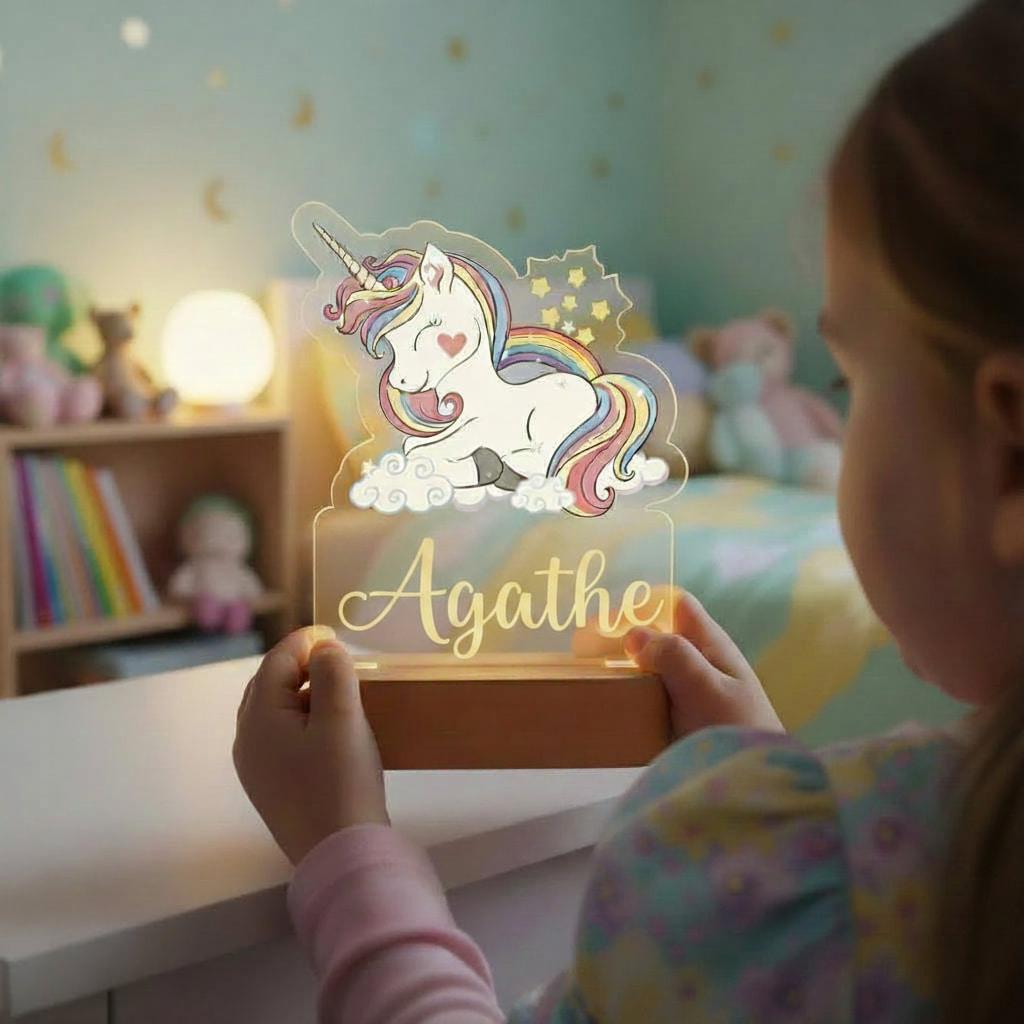 Veilleuse licorne personnalisée avec le prénom Agathe idée cadeau enfant
