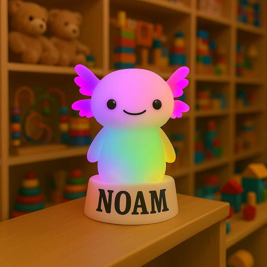 Veilleuse multicolore axolotl personnalisee avec le prenom noam dans un magasin de jouet