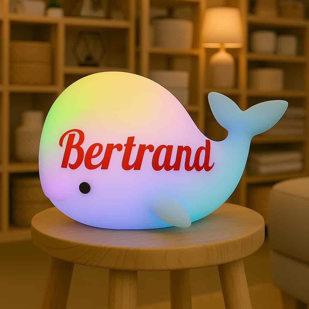Veilleuse multicolore theme baleine personnalisee avec le prenom bertrand