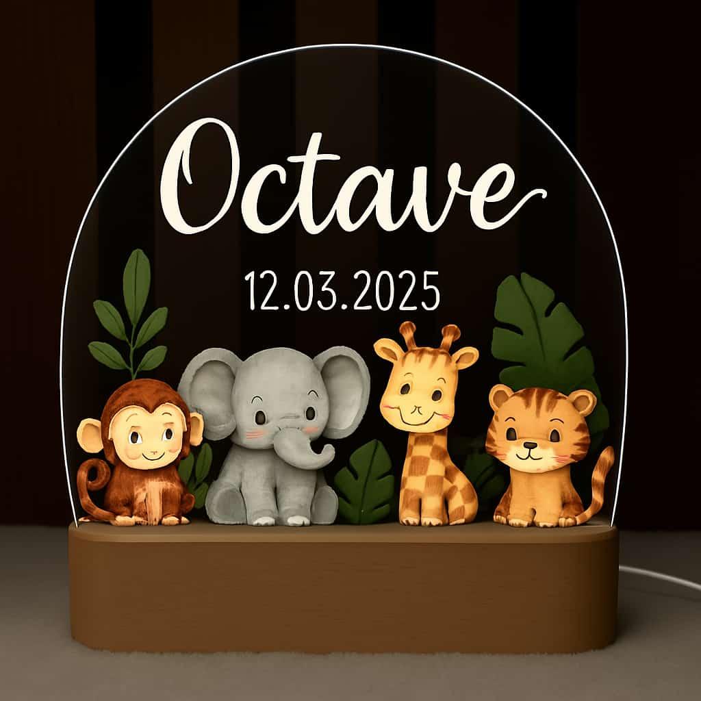 Veilleuse personnalisee acrylique avec le prenom octave theme animaux de la jungle