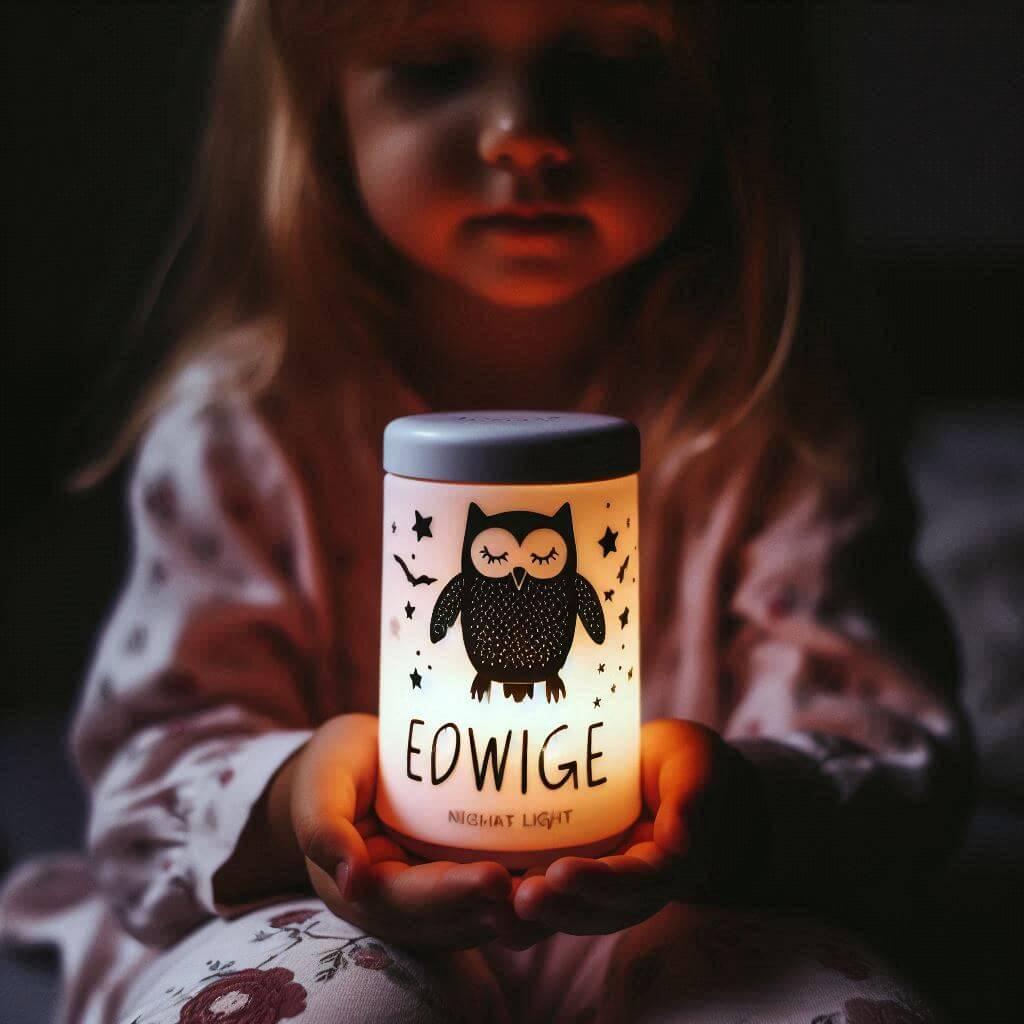 Veilleuse personnalisee avec le prenom edwige tenu par une petite fille