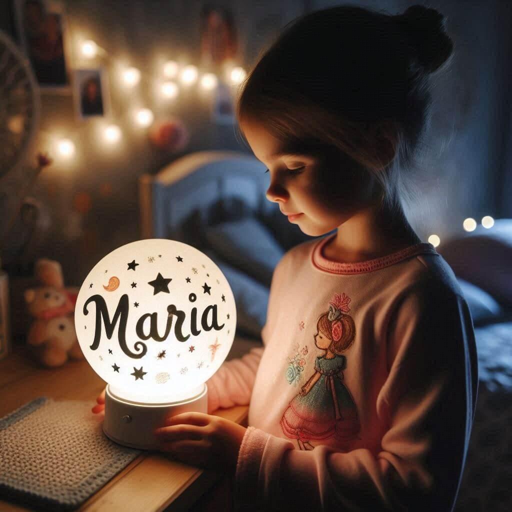 Veilleuse personnalisee avec le prenom maria avec un enfant qui la regarde