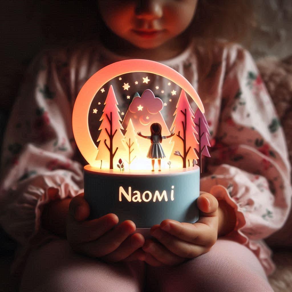 Veilleuse pour enfant avec le prenom naomi dans les mains d une petite fille 1